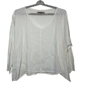 FLAX White 100% Linen V-Neck Top 3G Lagenlook Boho Oversized Minimalist Timeless